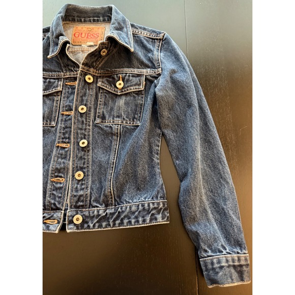 GUESS Jeans Cropped Denim Jacket Womens Small‎ Dark Wash Motorcycle Trucker Y2K - Picture 6 of 16